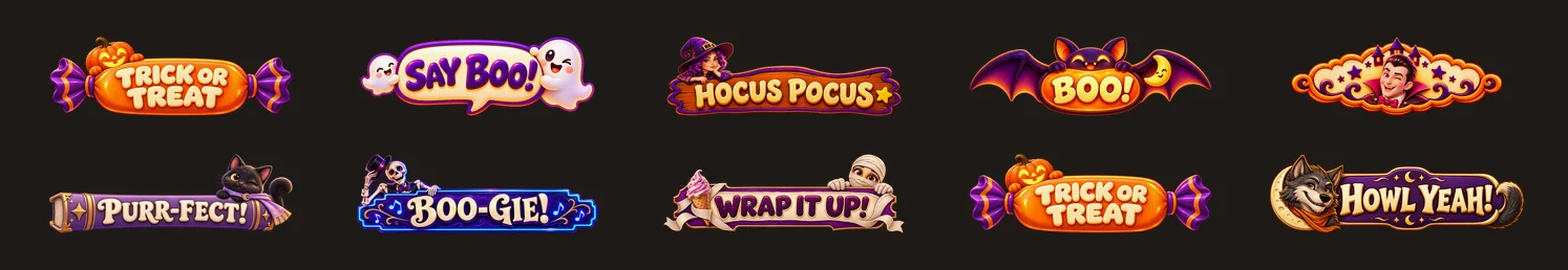 할로윈 촬영 버튼 10종. TRICK OR TREAT, SAY BOO!, HOCUS POCUS, BOO!, PURR-FECT!, BOO-GIE!, WRAP IT UP!, HOWL YEAH! 등의 글자가 들어간 버튼 그림