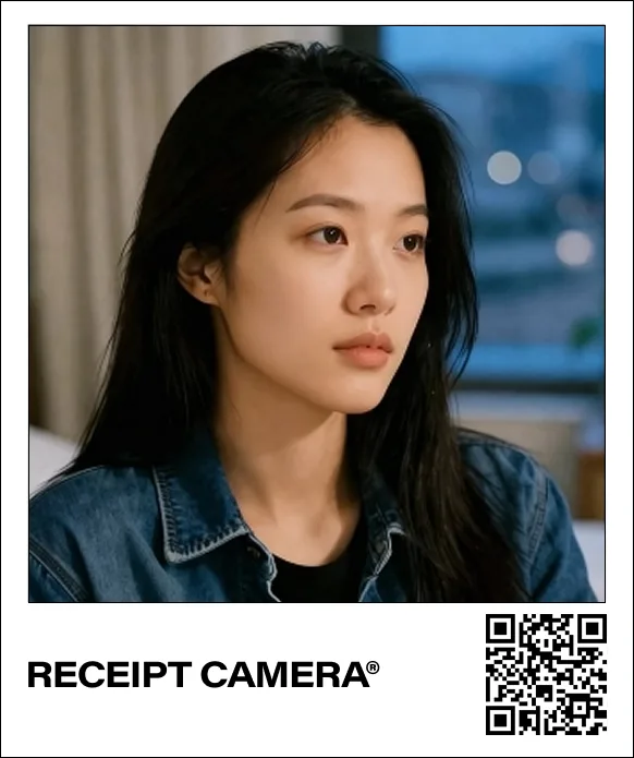 Una stampa della Fotocamera Scontrino realizzata con il metodo composito. Il logo RECEIPT CAMERA® sta a sinistra nel margine sotto la foto e il codice QR a destra, stampati come un unico pezzo