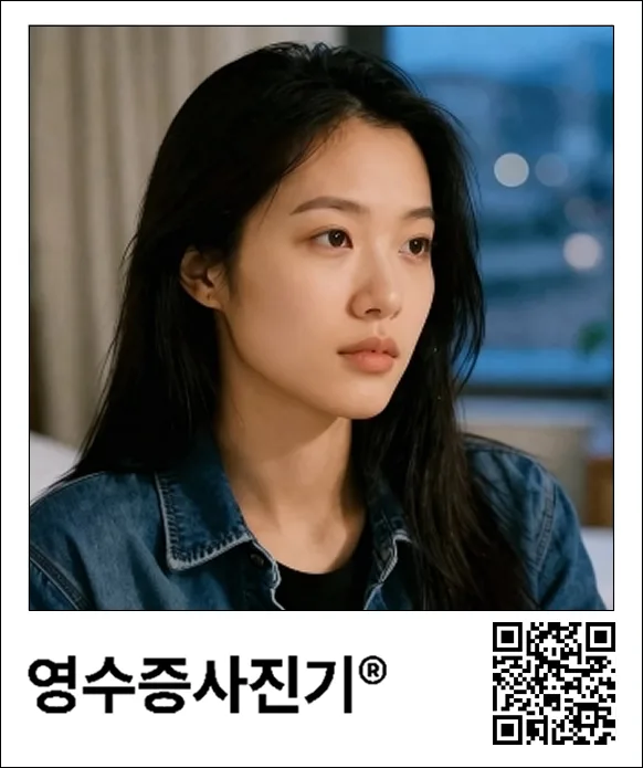 합성 방식으로 인쇄한 영수증사진기® 출력물. 사진 아래 여백에 영수증사진기® 로고가 왼쪽에, QR 코드가 오른쪽에 나란히 배치되어 한 장으로 인쇄되어 있다