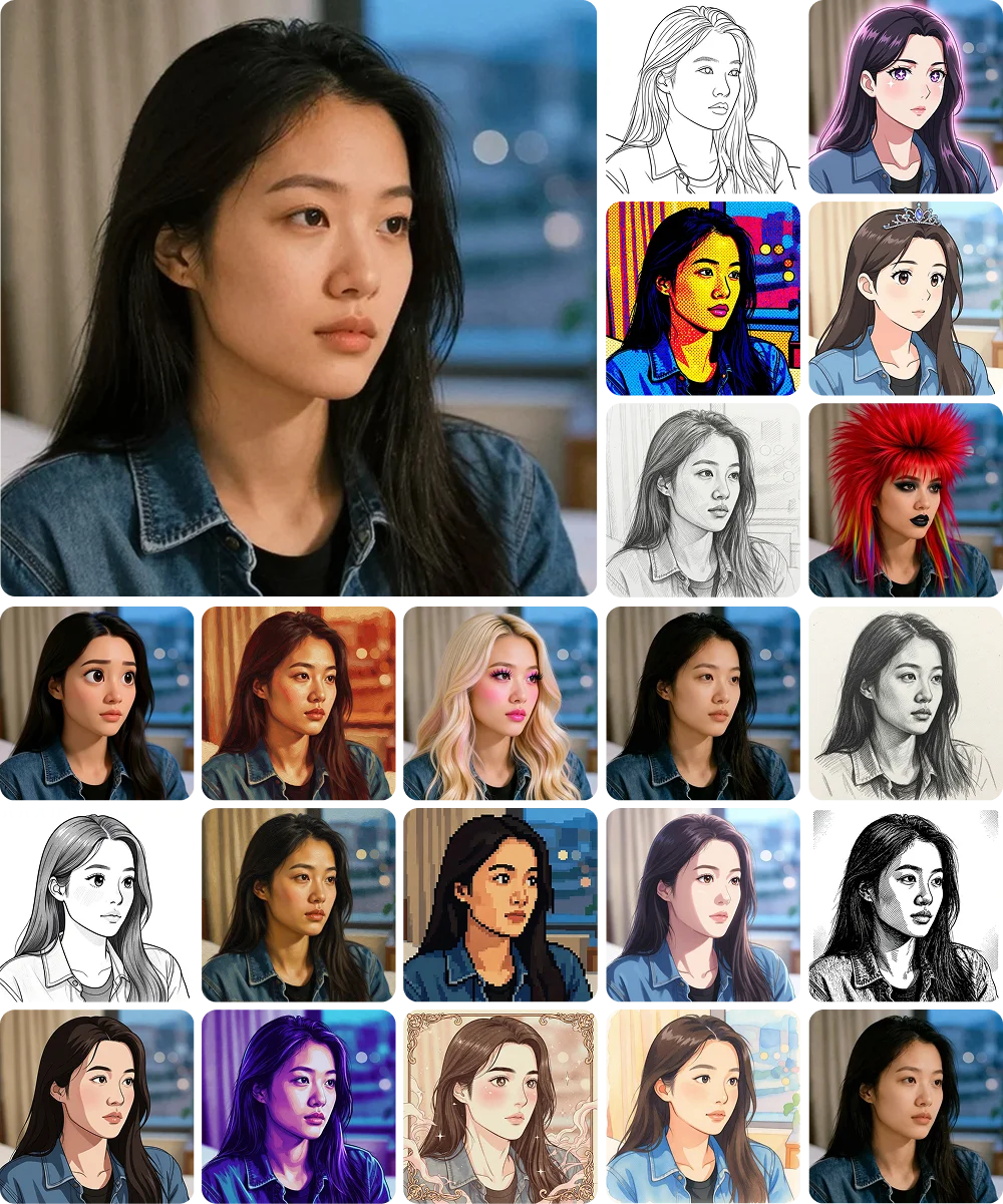 Foto potret yang sama diproses melalui 20 filter penyuntingan AI yang berbeza, disusun bersebelahan. Di sekeliling foto warna asal terdapat hasil dalam gaya lakaran pensel, komik, pop art, piksel art, cat air, dan gaya lain yang berbeza, disusun dalam grid