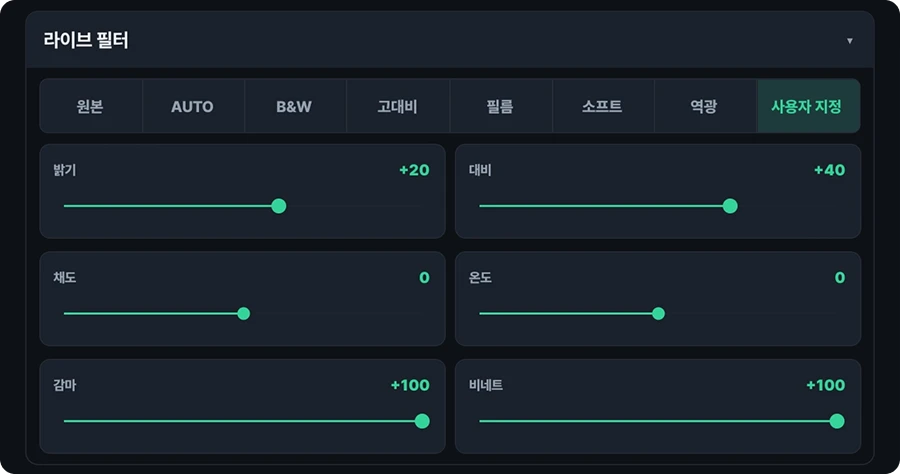 영수증사진기® 라이브 필터 설정 화면. 원본·AUTO·B&W·고대비·필름·소프트·역광·사용자 지정 프리셋 탭과, 사용자 지정을 골랐을 때 나오는 밝기·대비·채도·온도·감마·비네트 6개 슬라이더가 보인다