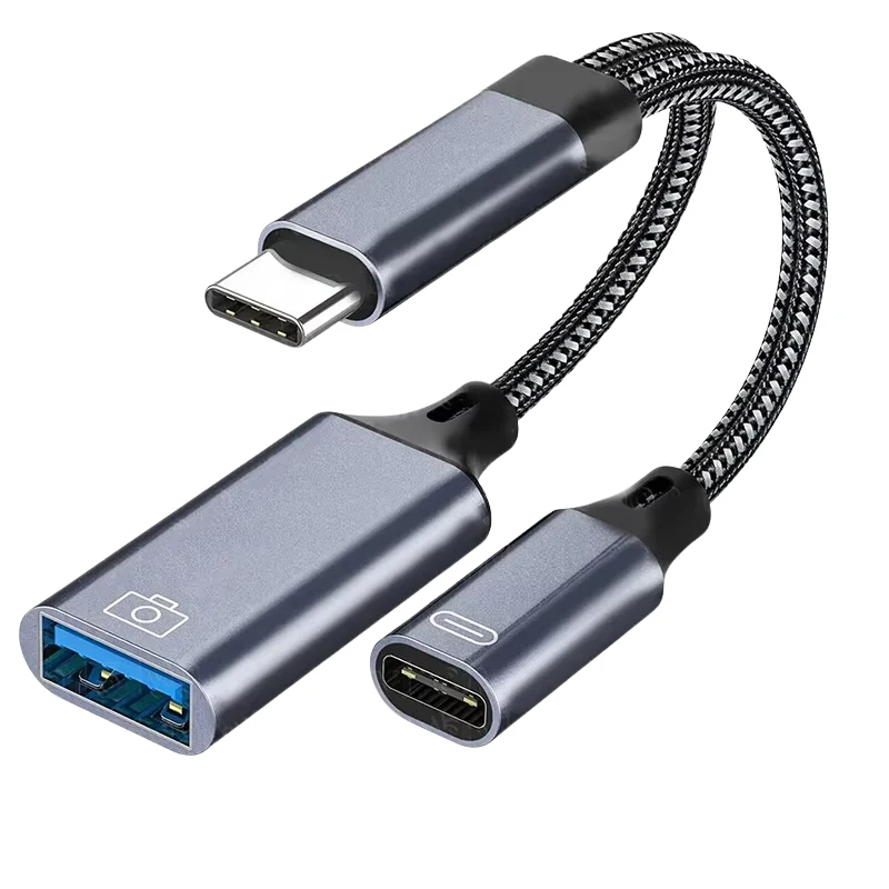 An OTG 2-in-1 cable. A single USB-C plug for the tablet splits into a USB-A port for the printer and a USB-C port for charging, carrying power and data at the same time