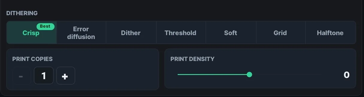 Advanced print controls in the Receipt Camera+ app. Seven dithering presets (Crisp, Error diffusion, Dither, Threshold, Soft, Grid, Halftone) with Crisp — marked Best — selected, and below them the print copies stepper and the print density slider side by side
