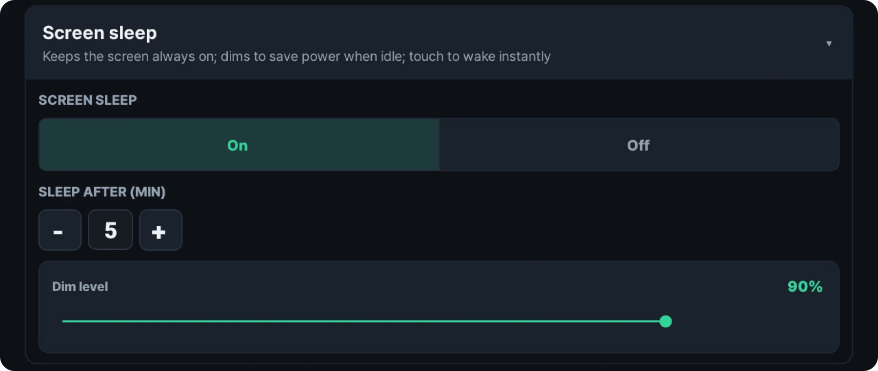 Tela de configuração do modo de repouso