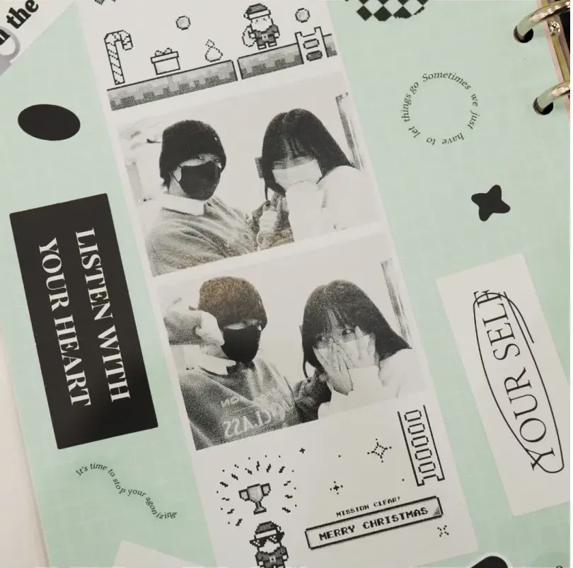 민트색 다이어리 페이지에 꾸민 커플 영수증사진 2장, "LISTEN WITH YOUR HEART" 문구