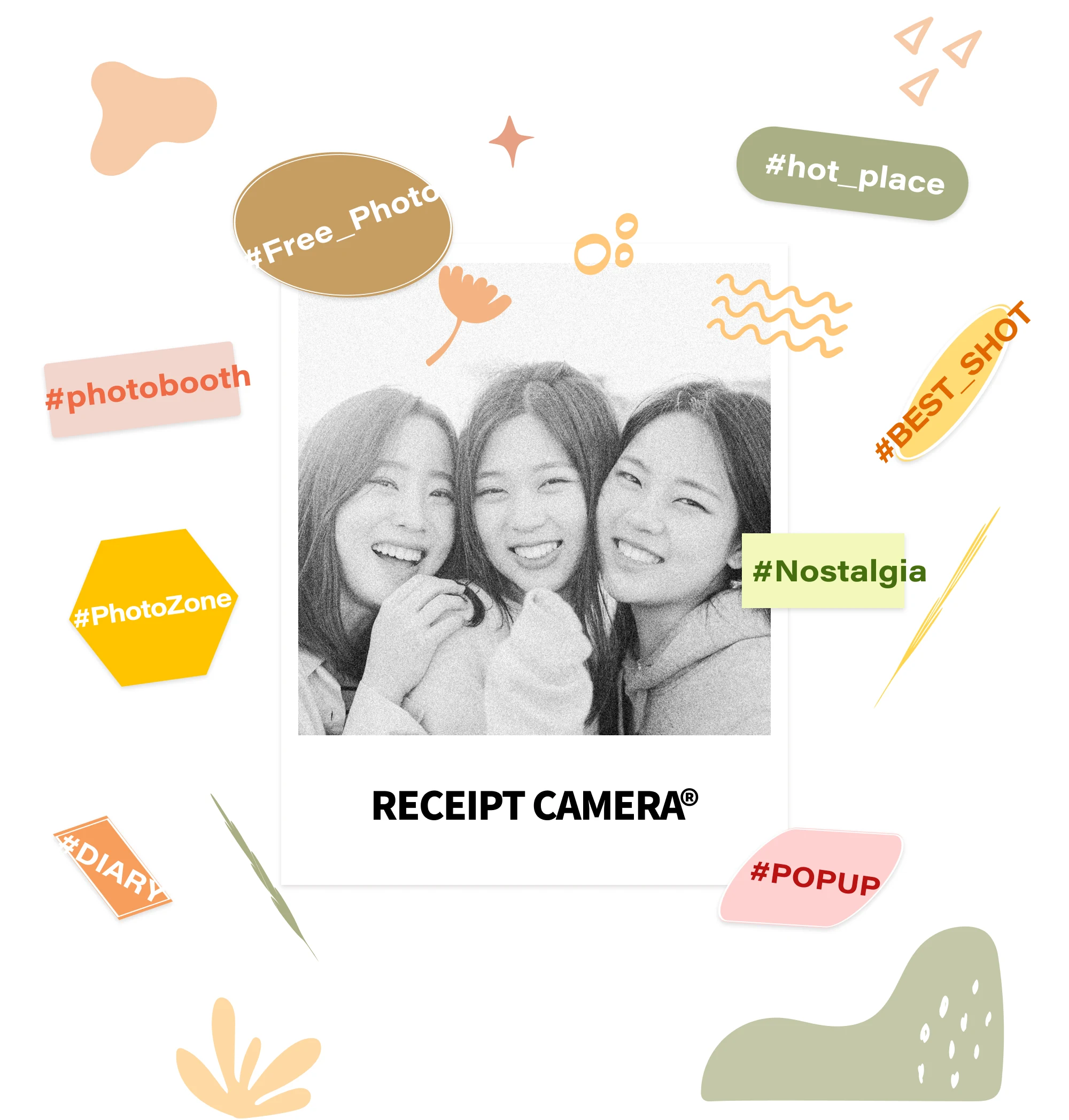 Fotos tiradas com a Câmera de Recibos ao lado de hashtags de pop-up store, cabine de fotos e foto perfeita